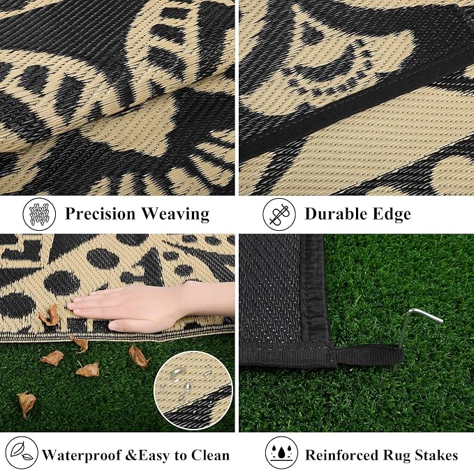Bsmathom Waterproof Outdoor Rug 9x12ft Large Reversible Boho Plastic Straw Patio Deck Camping Rugs, Indoor Outdoor Portable RV Mat Carpet for Outside, Porch, Balcony, Backyard, Beach, Pool,Black
