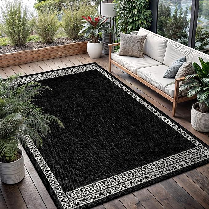 Washable Outdoor Rug 6x9 Modern Area Rugs Outdoor Carpets Bordered Pattern Non Shedding Waterproof Easy Clean Patio Deck Porch Living Room Bedroom Garden RV (6 X 9 Black)
