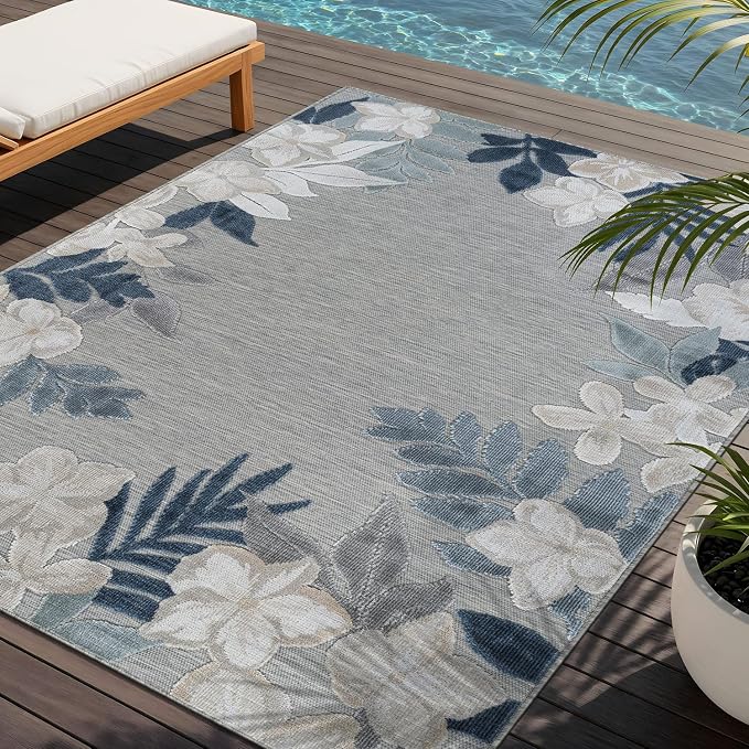 Outdoor Rug 5x7 Washable Area Rugs Indoor Outdoor Carpets Blue Border Floral Non Shedding Waterproof Easy Clean Patio Deck Porch Living Room Bedroom Garden RV (5 X 7 Blue)