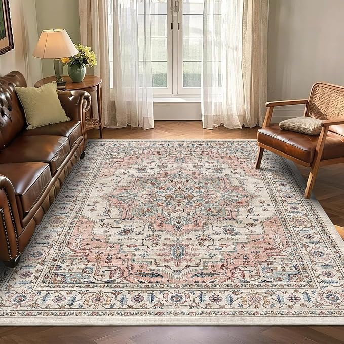6x9 Area Rug for Living Room Soft Washable Vintage Boho Area Rug | Non-Slip Retro Print Low Pile Stain Resistant Carpet Beige Pink Distressed Indoor Rug for Bedroom Dining Room Nursery Office
