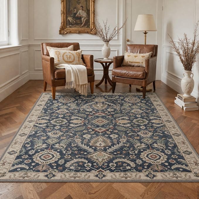 2x3 Doormat, Vintage Floral Washable Non Slip Area Rug for Entrance | Persian Floral Soft Low Pile Boho Small Rug for Entryway Bedside Kitchen, Stain Resistant Lightweight Easy Care, Muted Navy