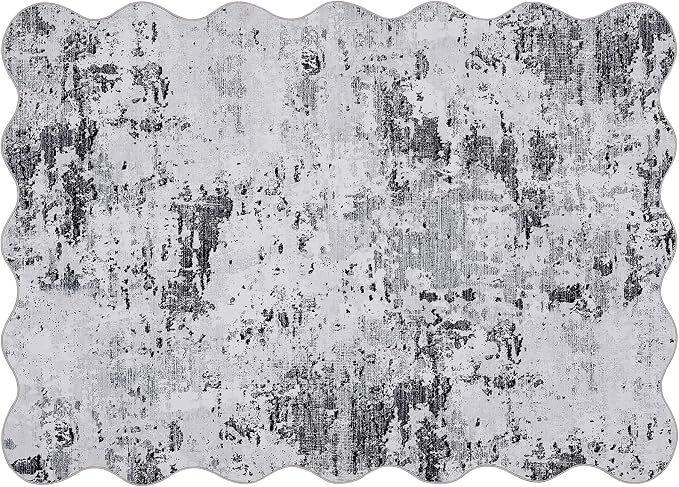 ROYHOME 5x7 Modern Abstract Scalloped Area Rugs Faux Wool Rug, Grey | Ultra-Soft Low Pile Stain Resistant Machine Washable Carpet for Bedroom with Non Slip Backing