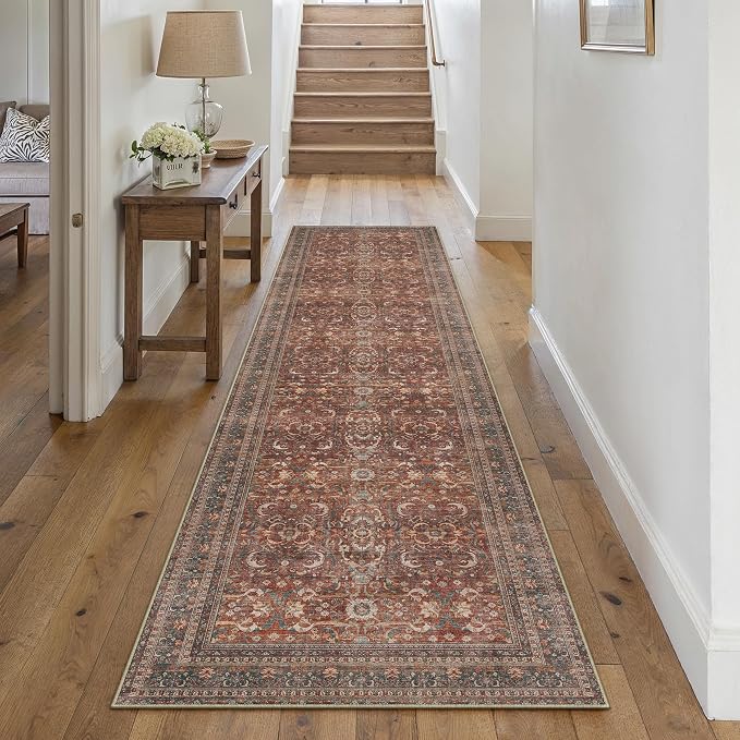 2x8 Brick Red Vintage Distressed Washable Runner Rug for Hallway | Low Pile, Non Slip, Retro Style, Soft Distressed Long Hallway Runner for Kitchen, Entryway, Laundry, Bedroom, Home Decor