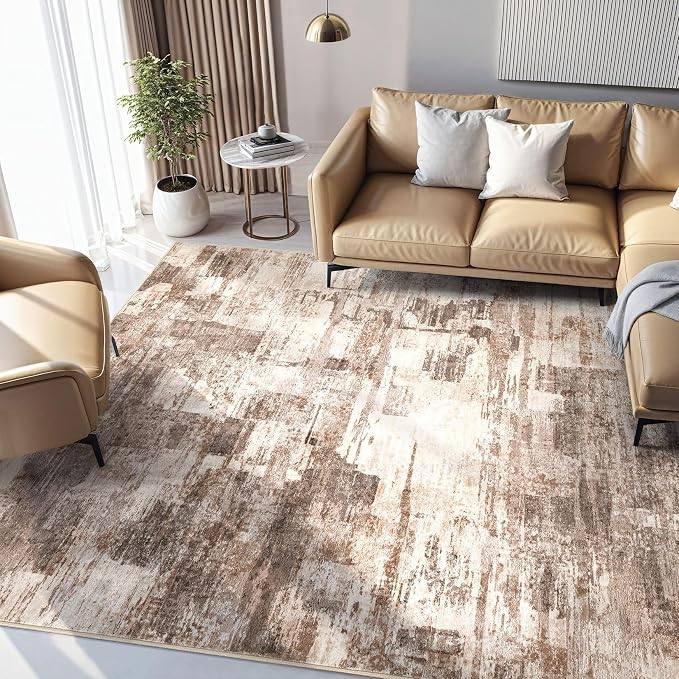 kakania Abstract 8x10 Area Rugs for Living Room: Washable Rugs Brown | Soft, Non-Slip, Low-Pile, Pet & Kid Friendly - Large Modern Home Decor Carpet for Bedroom/Dining Room/Office/Nursery