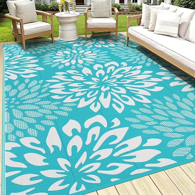 HEBE Waterproof Outdoor Rug 9x12 for Patios, Floral Reversible Plastic Straw Rug Patio Mat, Indoor Outdoor Carpet RV Mat Camping Rug for Deck, Camper, Porch, Balcony, Backyard, Picnic