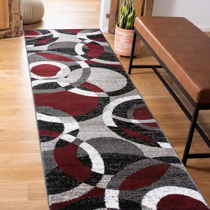 Rugshop Abstract Circles Contemporary High Traffic Runner Rug Red 2' x 7'2" | Rectangular, Size 2' x 7'2", Living Room, Bedroom, Dining Room, Home Office, Kitchen, Entryway, Hallway, Nursery, Kids Room