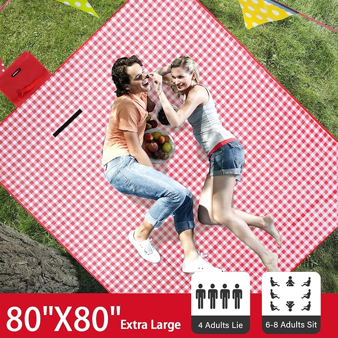 HX&OD Outdoor Picnic Blanket 80"X80" Picnic Mat Extra Large Camping Blanket Beach Blanket Foldable Waterproof Sand Mat Hiking Travel Family Concerts(Red)