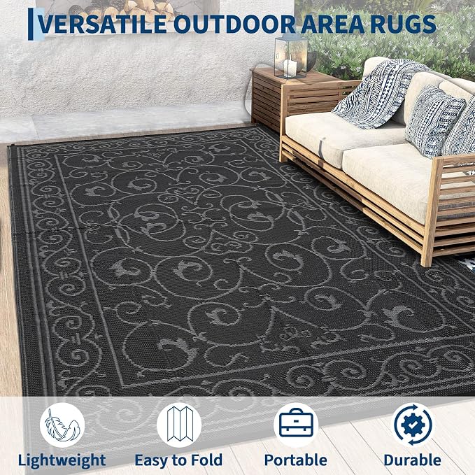Garvee Outdoor Rug 9x18 Outdoor Patio Rug Reversible Plastic Straw Rugs Waterproof Foldable Mat Easy Clean Lightweight Carpet for Backyard Camping Porch RV Beach Balcony Deck Picnic Vintage Black