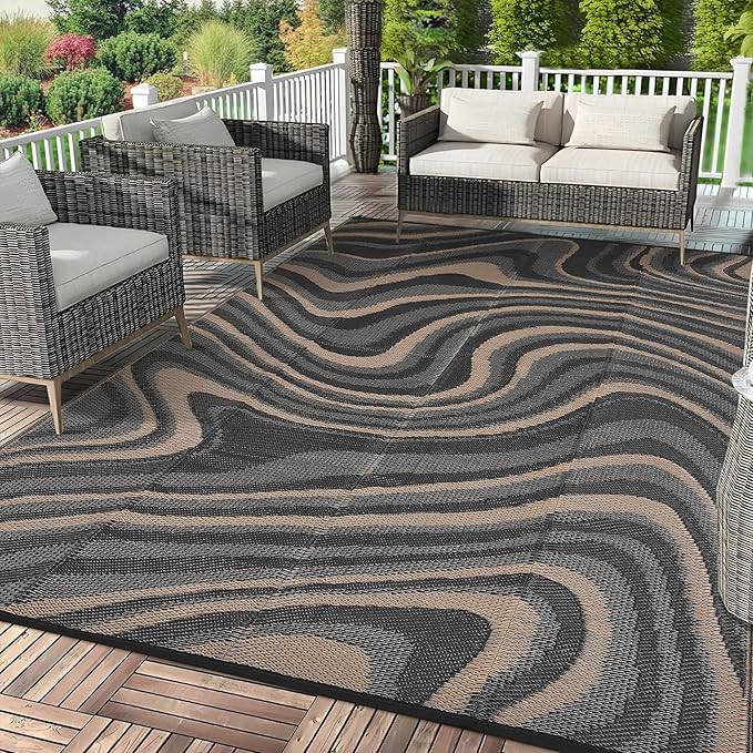 Garvee 10x20 Area Rugs Outdoor Waterproof Rug, Modern Plastic Straw Rug with Portable Bag, Foldable Lightweight Reversible UV Resistant Mats for Backyard, Picnic, Beach, RV, Porch, Black Coffee