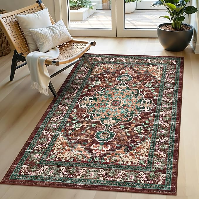 U'Artlines Boho Vintage Area Rug 3x5 Machine Washable Carpet, Rust＆Teal | Low Pile, Non Slip, Ultra-Thin Soft Floor Carpet, Accent Rug for Living Room Bedroom Entryway Dining Room Office