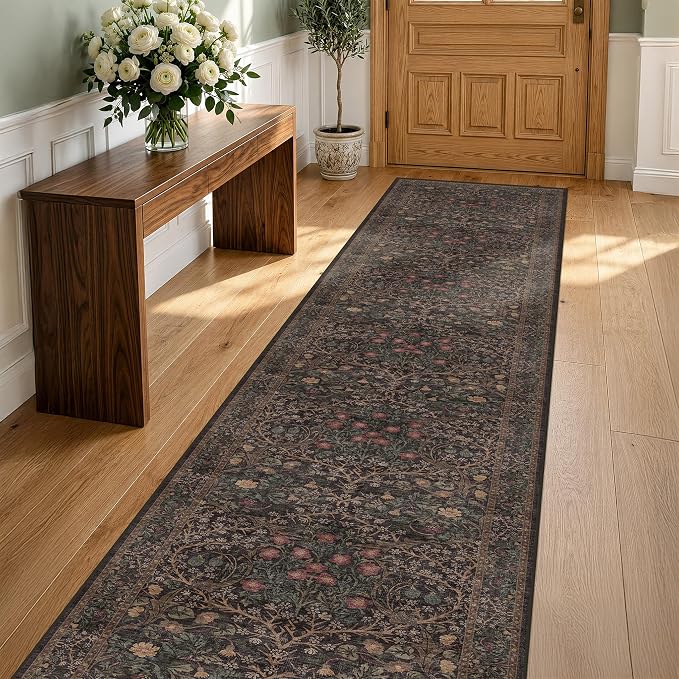 Dark Brown Washable 2x8 Runners for Bathroom, Entryway Indoor Low Pile Rug, 8ft Long Non Slip Hallway Runner Rug, Boho Vintage Floor Décor for High Traffic Area