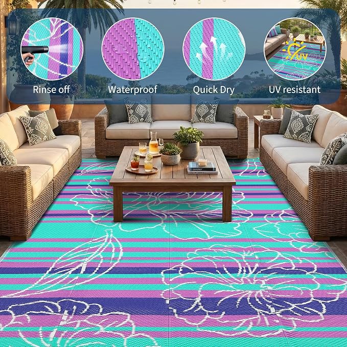 Garvee 10x14 Outdoor Waterproof Rug, Floral Outdoor Area Rug，Reversible Plastic Straw Patio Rug, Portable Camping Mat for RV, Picnic, Beach, Balcony, Garden & Camping Purple&Blue