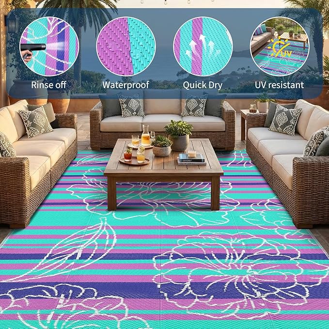 Garvee 5x8 Outdoor Waterproof Rug, Floral Outdoor Area Rug，Reversible Plastic Straw Patio Rug, Portable Camping Mat for RV, Picnic, Beach, Balcony, Garden & Camping Purple&Blue