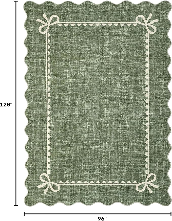GarveeHome Scalloped Bow Rug 8x10 Washable Green Rug for Living Room | Non Slip Soft Low Pile Indoor Large Carpet for Nursery Girls Bedroom Decor Hallway Kids Room College Dorm Playroom