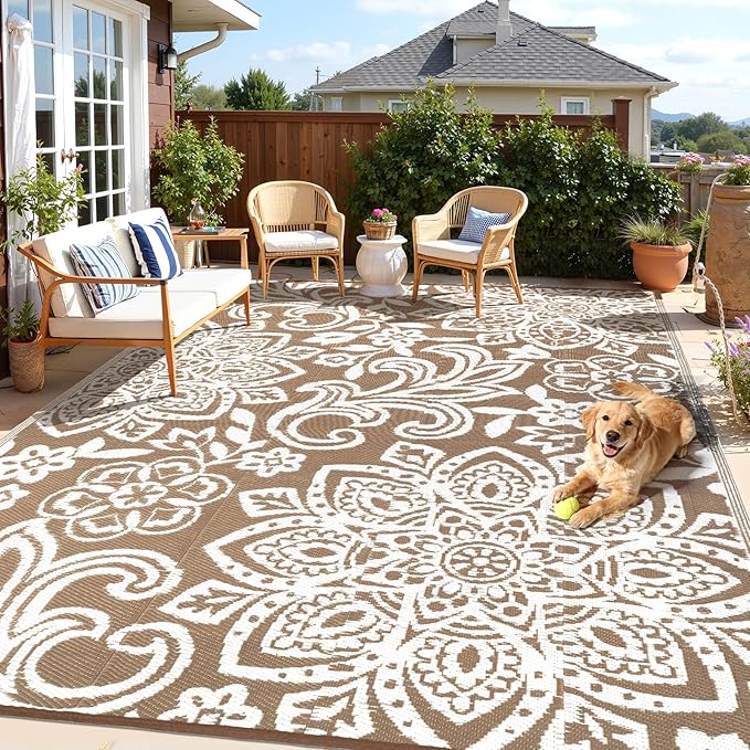 Findosom Waterproof Outdoor Rug 8' x 10' - Reversible Mandala Outdoor Plastic Straw Rug, Durable Foldable Patio Rug for RV, Deck, Balcony, Backyard, Picnic, Porch, Camping, Beach, Brown