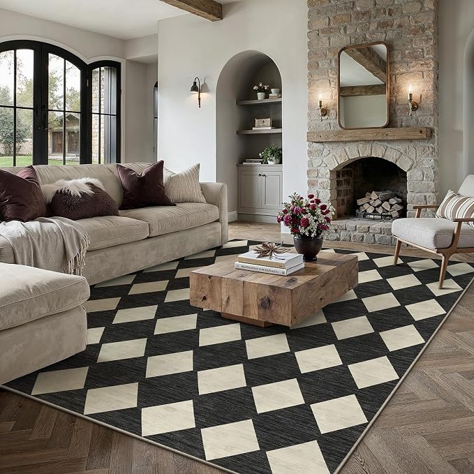 Black 10x14 Washable Area Rug Large Non Slip Checkered Carpet | Soft, Low Pile, Easy Clean, Diamond Pattern, for Living Room, Bedroom, Office, Dining Room, Kids Room, Modern Indoor Decor