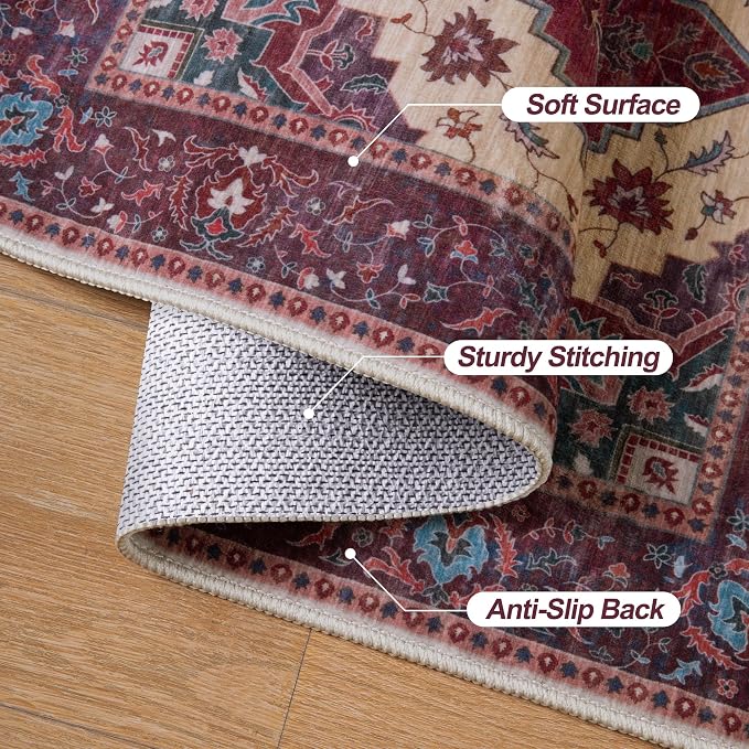 Tangsoo Oriental Small Area Rugs for Entryway, Non Slip 2x3 Washable Rug | Tangsoo Vintage Indoor Front Door Rug Mat, Soft Low Pile Print Small Carpet Throw Rugs for Entry Entrance Kitchen Burgundy