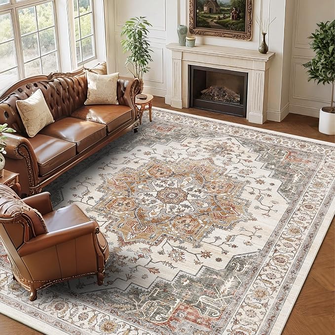 9x12 Area Rug for Living Room Large Washable Vintage Area Rug | Non-Slip Retro Print Low Pile Stain Resistant Carpet Orange Gray Distressed Indoor Rug for Bedroom Dining Room Nursery Office