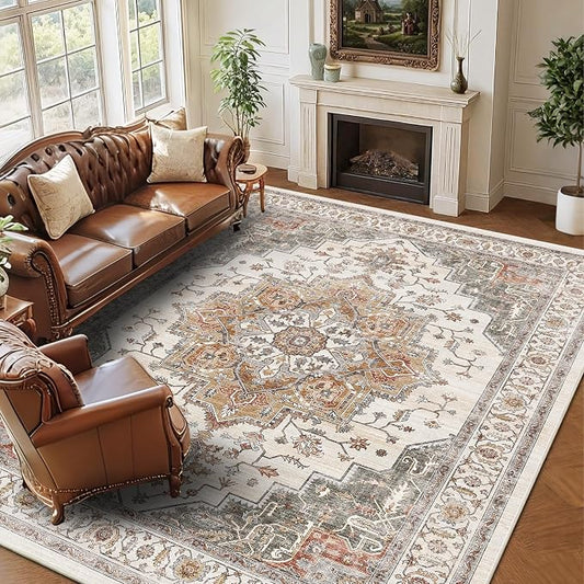 8x10 Area Rug for Living Room Large Washable Vintage Area Rug | Non-Slip, Retro Print, Low Pile, Stain Resistant Carpet, Ultral Soft, Distressed Indoor Rug, for Bedroom Dining Room Nursery