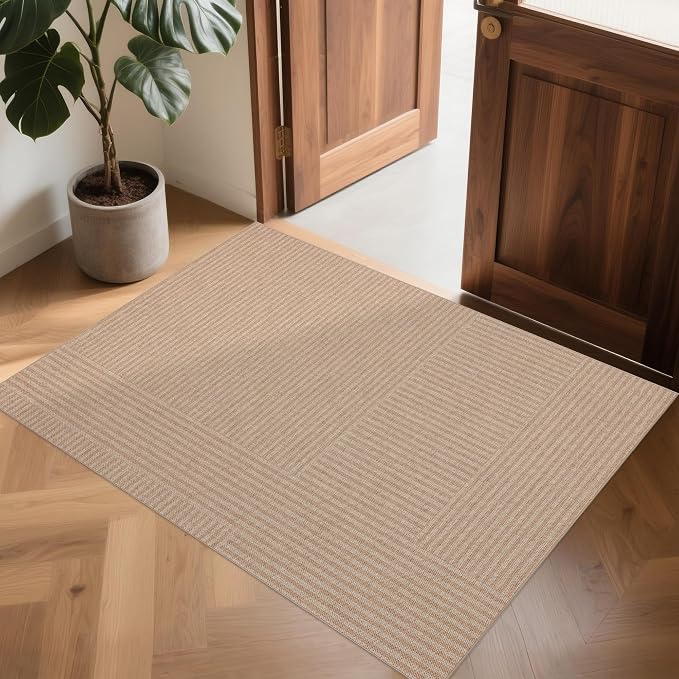 Outdoor Easy Jute Rug 2x3: Modern Natural Area Rugs for Front Patio Hallway Linen-Look Fabric Durable - Neutral Washable Mat for Entryway Kitchen Bedroom - Beige Stripes