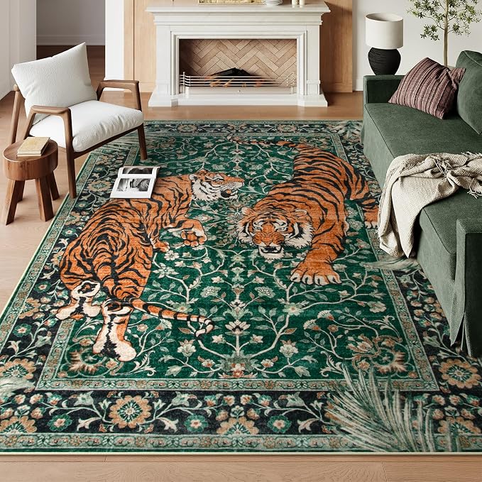 Moynesa Tiger Washable Rugs, 8x10 Area Rugs for Living Room, Soft Large Vintage 8x10 Bedroom Green Rug, Botanical Non Slip Ultra Thin Floor Carpet for Dining Room Home Office