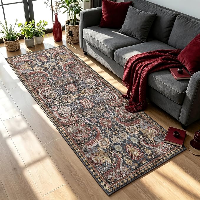 Washable Area Rugs - Perfect for Living Room, Bedroom, Kids Room, Nursery - Stain & Water Resistant Non-Slip, Pet & Child Friendly, Vintage Tribal Area Rugs (Rust, 2'6'' x 8')
