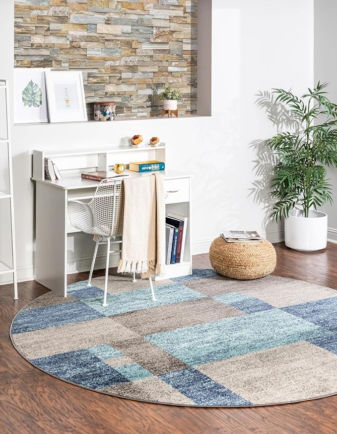 Unique Loom Autumn Collection Modern Contemporary Casual Abstract Area Rug (Blue/ Gray Tonal, 7 ft 10 x 7 ft 10 Round)