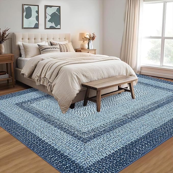 RUGSREAL 10x13 Large Living Room Rug Washable Braided Print Bedroom Rugs | Throw Carpet Farmhouse Rustic Dining Room Non Slip Geometric Bordered Carpet for Home Decor Office, Blue