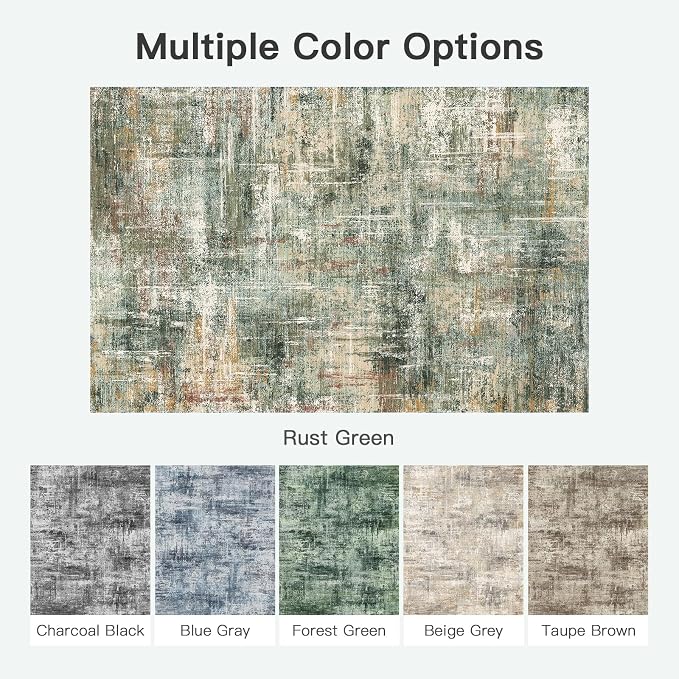 9x12 Area Rug for Living Room, Abstract Washable Large Rugs, Coffee/Green | Neutral Carpet for Bedroom, Dining Room, Home Office Nursery Indoor, Stain Resistant, Non-Slip, Low Pile, Modern Rug