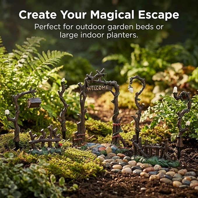 Lulu Decor, 100% Cast Iron Fairy Garden Decor Set Fairy Garden Accessories Including Fairy Lamps, Fences, and Welcome