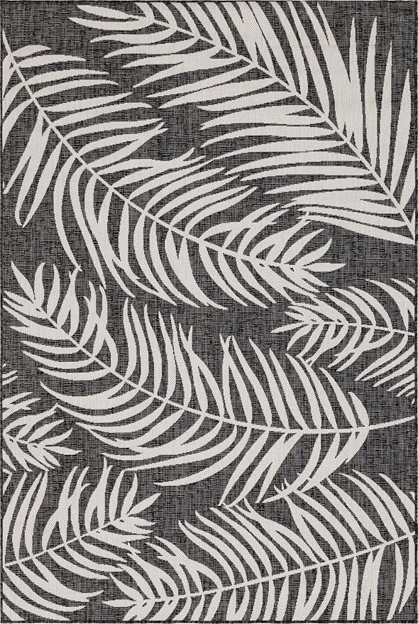 Unique Loom Outdoor Botanical Collection Area Rug - Palm (6' 1" x 9' Rectangle, Charcoal/ Ivory)