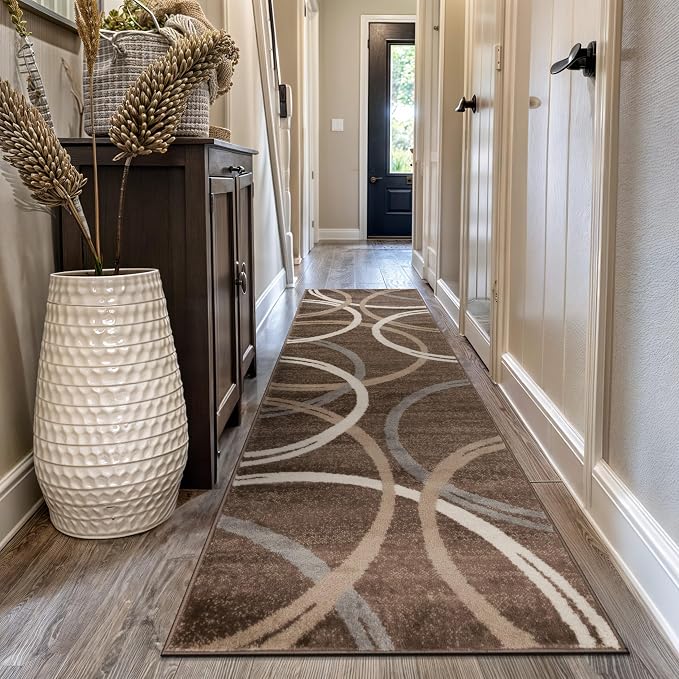 Rugshop Wavy Circles Modern Non-Shedding Runner Rug Brown 2'7" x 10' | Rectangular, Size 2'7" x 10', Living Room, Bedroom, Dining Room, Home Office, Kitchen, Entryway, Hallway, Nursery, Kids Room
