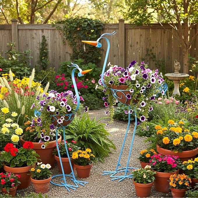 Pelican Metal Flowers Plant Holders Stand with Coconut Pots 2 Sets | Manortang Plants Stand Flower Pots Outdoor, Room Home Living Room Front Outdoor Patio Decor, Gardening Decoration Gifts