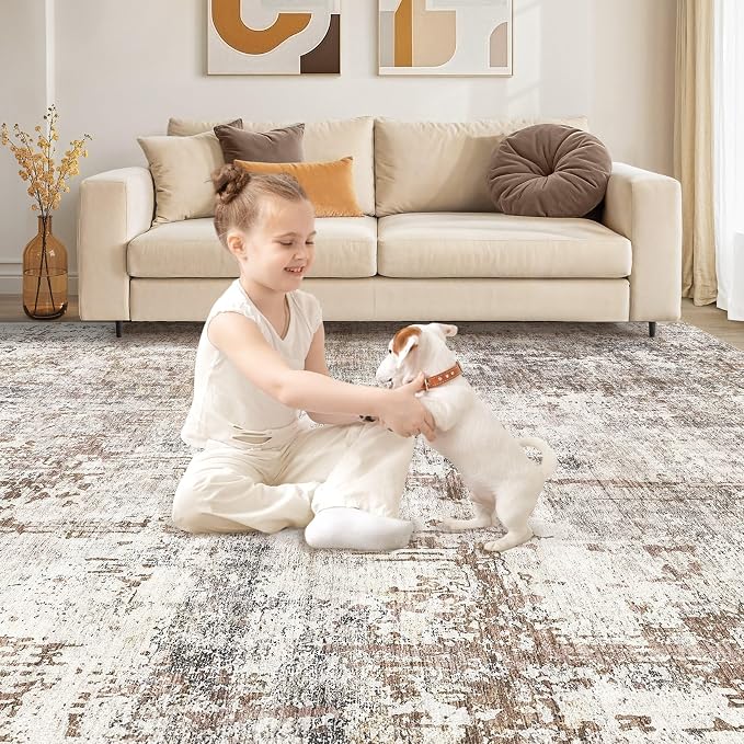 UERMEI 7x9 Area Rug Living Room Rugs - Washable Neutral Modern Abstract Soft Thin Rug Indoor Floor No Slip Rug Carpet for Bedroom Under Dining Table Home Office Decor - Brown/Grey/Red