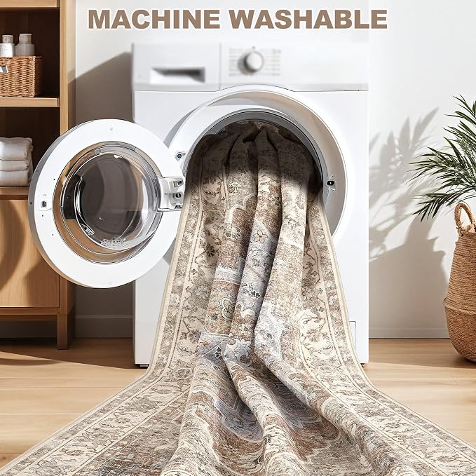 5x7 Washable Area Rug: Vintage Neutral Soft Non Slip Thin Large Floor Carpet for Living Room Bedroom Kitchen Dining Room Home Office Farmhouse Indoor - Grey Brown