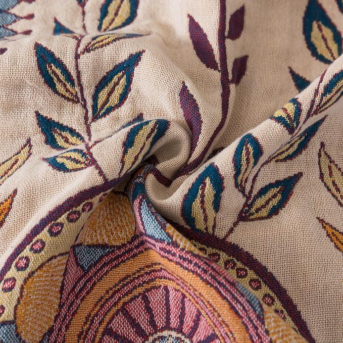 Phuryllic Boho Throw Blanket Queen Size, Soft Cozy Cotton Muslin Quilt Blanket for Bed Decor, Floral Patterned Couch Sofa Chair Cover, Vintage Farmhouse Cottage Tapestry Woven Blanket, Beige&Blue