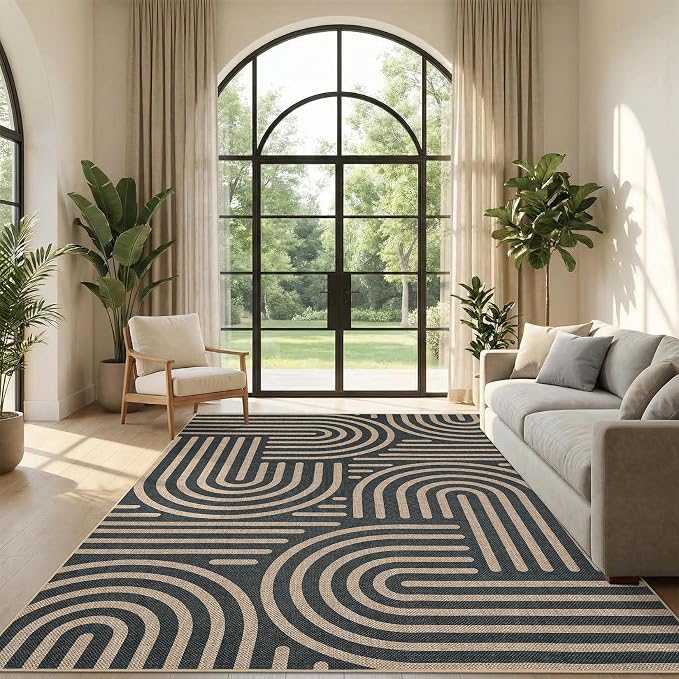 Garvee 8x10 Modern Abstract Washable Rugs for Living Room Bedroom Rug | Black Rainbow Area Rug Stain Resistant Easy Cleaning Throw Rugs Low Pile Floor Cover for Nursery Dining Room Apartment