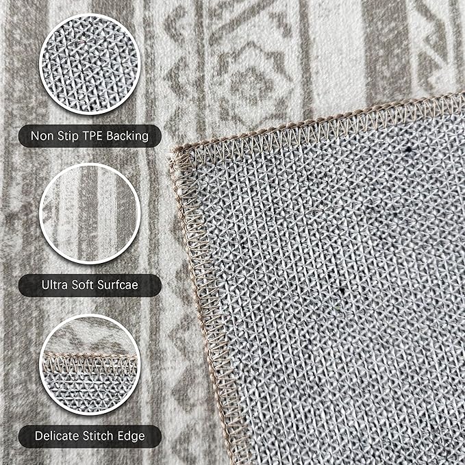 Washable Area Rugs 3' x 5 ' - 1/6 Thick - Moroccan-Inspired -Stain & Water Resistant Non-Slip - Resistant Rug for Living Room, Bedroom, Nursery, Pet & Child Friendly (Grey)