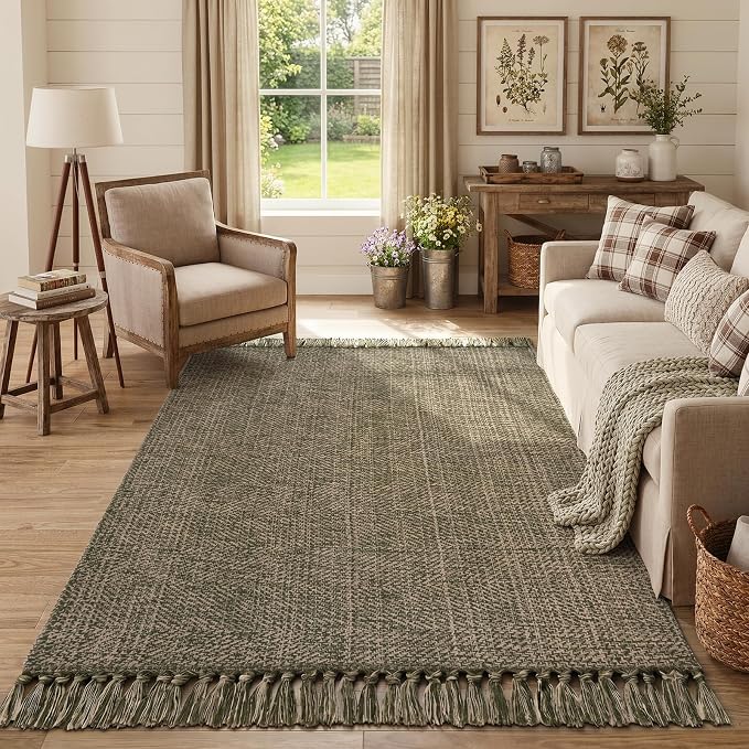 4' x 6' Moss Green Bedroom Area Rug, Boho Indoor Outdoor Rugs | Hand-Woven Washable Living Room Rug, Modern Farmhouse Braided Bedside Mats, Reversible Dining Room Carpet for Nursery Patio