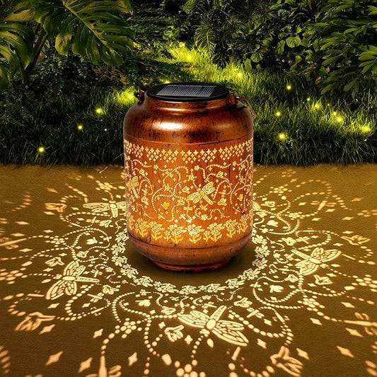 Dragonfly Solar Lanterns Outdoor Waterproof, Birthday Gifts for Women Mom Grandma - Copper Metal Hanging Solar Lights for Yard Garden Decor Dragonfly Gardening Gifts