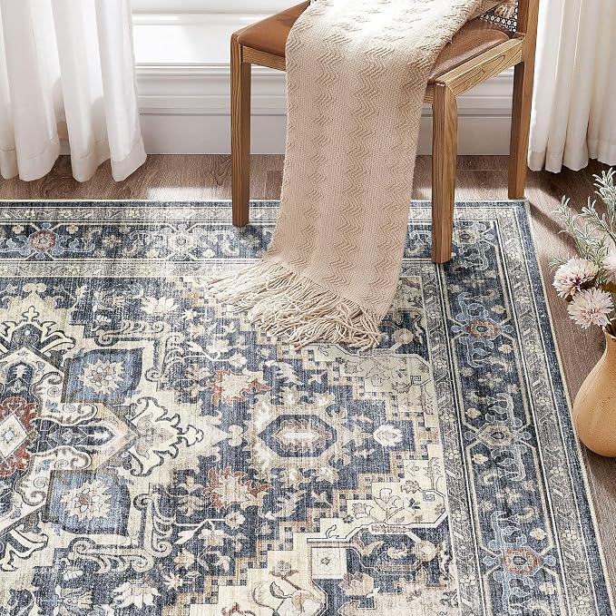 DTICON Vintage Washable 8x10 Area Rug Living Room Rugs, Blue | Boho Distressed, Pet & Kid Friendly, Non-Slip Backing, Soft Polyester, Low-pile Carpet for Living Room, Bedroom, Dining Room