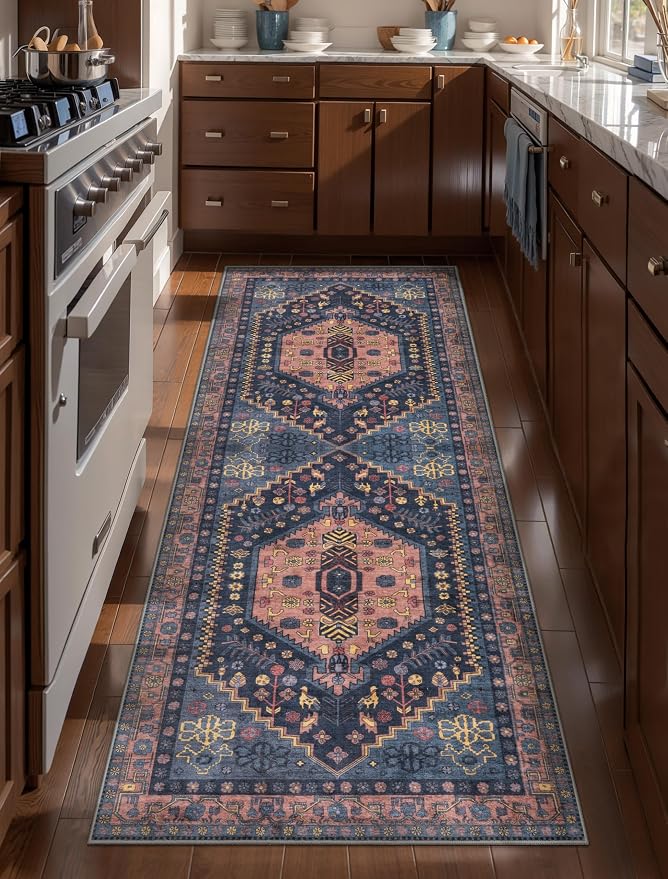 Ciicool 2x5ft Runner Rug,Washable Hallway Vintage Low-Pile Kitchen Carpet | Oriental Non-Slip Thin Indoor Mat Navy Soft Entry Rugs for Entryway Bedroom Bedside Living Room Laundry Bathroom Decor
