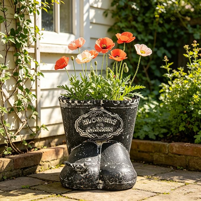 Vintage Distressed Boot Planter, Rustic Flowers & Garden Metal Rain Boot Plant Pot, Farmhouse Succulent Herb Planter for Indoor Outdoor Home Garden Patio Decor (Black - Small)