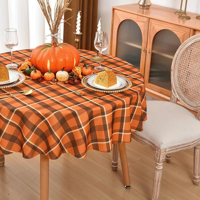 Waterproof Plaid Tablecloth Fabric - Round 58 Inch Classic Gingham Checker Table Cloth for Indoor/Outdoor Use - Buffalo Table Cover for Picnics, BBQs, and Parties