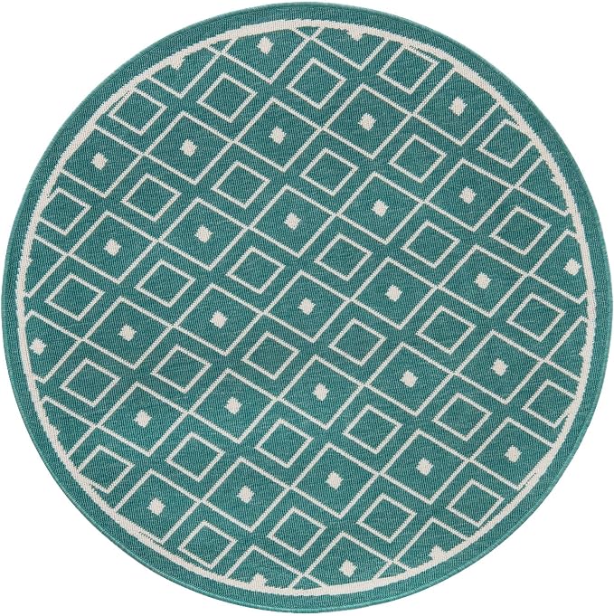 Unique Loom Outdoor Trellis Collection Area Rug - Kafes (4' 1" Round, Teal/ Ivory)