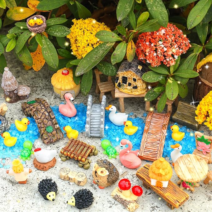 84 Pcs Fairy Garden Accessories, Miniature Village Starter Kit with Moss Model Tree Tiny Resin Animal Figures, DIY Bonsai Micro Landscape Ornament for Terrarium Succulent Dollhouse Craft