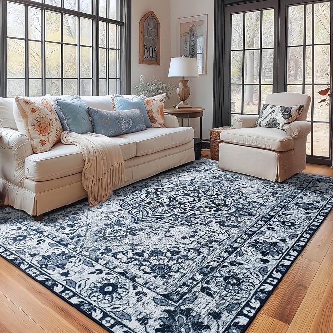 YJ.GWL Area Rugs for Living Room 4x6 Machine Washable Rugs for Bedroom, Non Slip Floral Vintage Rug Indoor Carpet, Stain Resistant Throw Rug for Dining Room Kitchen, Navy Blue