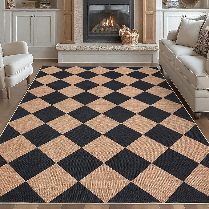 GarveeHome Checkered Easy Jute Area Rug 10x13 Machine Washable Non-Slip Stain Resistant Indoor Outdoor Rugs for Living Room, Bedroom, Kitchen, Dining, Patio Farmhouse Style Black Tan