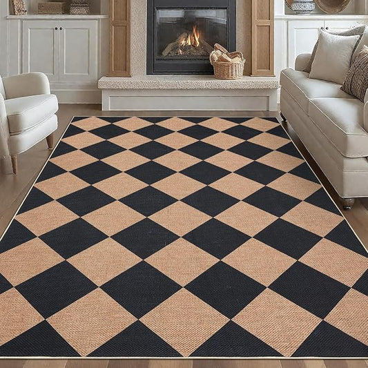 GarveeHome Checkered Easy Jute Area Rug 10x13 Machine Washable Non-Slip Stain Resistant Indoor Outdoor Rugs for Living Room, Bedroom, Kitchen, Dining, Patio Farmhouse Style Black Tan