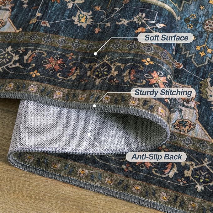 Tangsoo Vintage 2x3 Washable Rugs for Entryway, Non Slip Small Area Rug | Dark Blue Oriental Indoor Front Door Rug, Boho Print Door Mat Soft Low Pile Throw Rugs for Entrance Entry Kitchen Bedroom